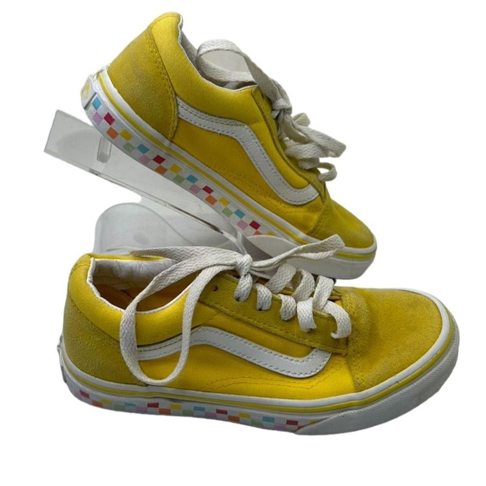 Vans Old Skool Rainbow Lace Cyber Yellow True White Kids Casual Shoes Size 1.5